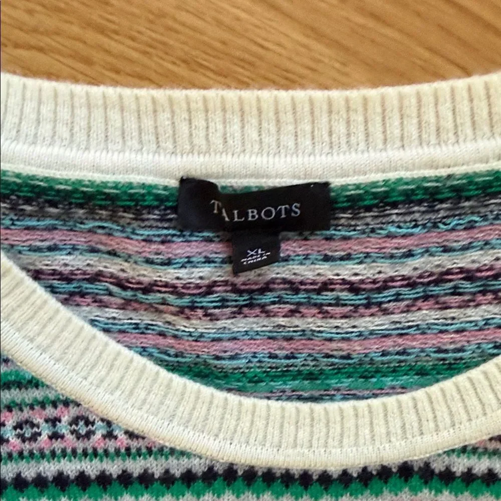 NWOT Talbots Striped Fair Isle Sweater Lamb Wool Size XL Soft Pink Green
